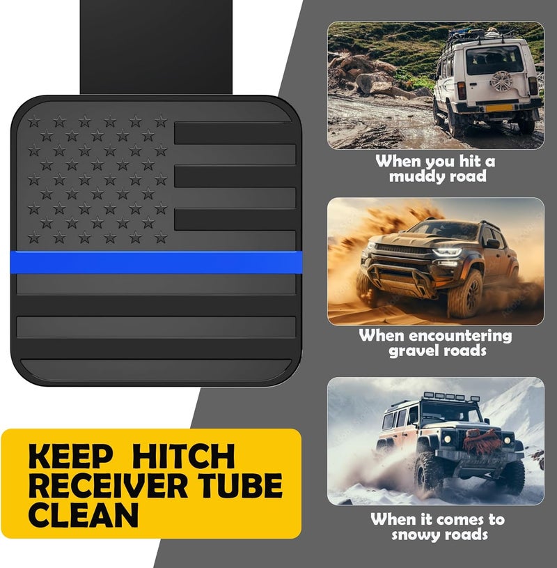 OGYE 2 Inch Trailer Hitch Cover with American Flag, Metal Trailer Hitch Cover Fit for 2 Inch Hitch Receivers Class 3 4 5,2'' Rubber Hitch Tube Cover Plug Cap (Black&Thin Blue line) - Image 5